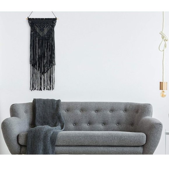 Boho Black Macrame Wall Hanging Woven Decor - Black 16 x 36 Inches - Picture 4 of 8